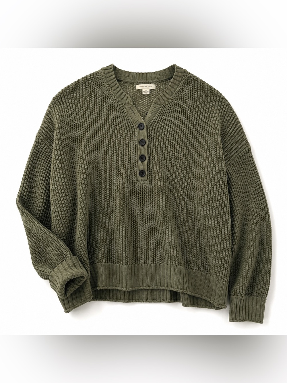American Eagle Olive Green Waffle Knit Henley Sweater Oversized Large